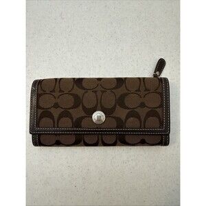 Coach Signature Canvas Trifold Wallet Brown Leather Trim Snap Closure